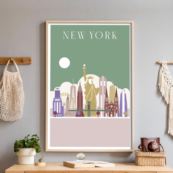 New York City Sage Green Skyline Statue of Liberty Art Poster