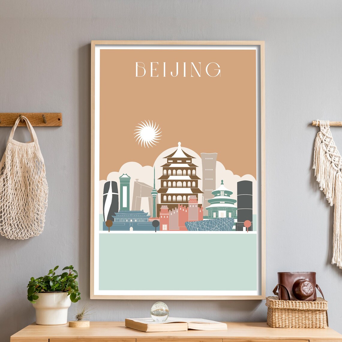 Beijing China Minimalist Daylight Skyline Travel Poster with Pagoda Sun