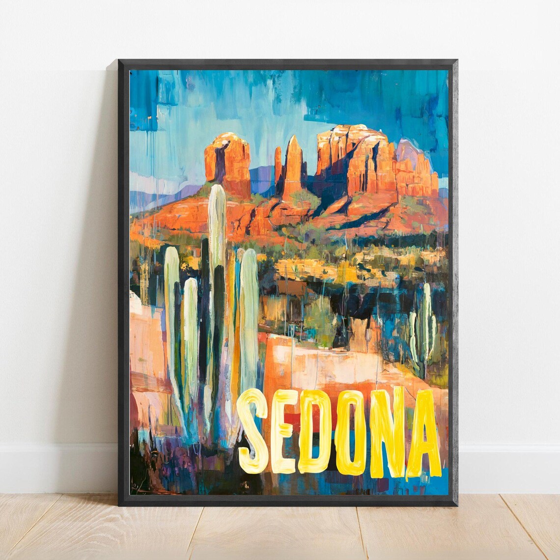 Sedona Red Rocks and Saguaro Cacti Golden Desert Painted Arizona Travel Poster for Walls