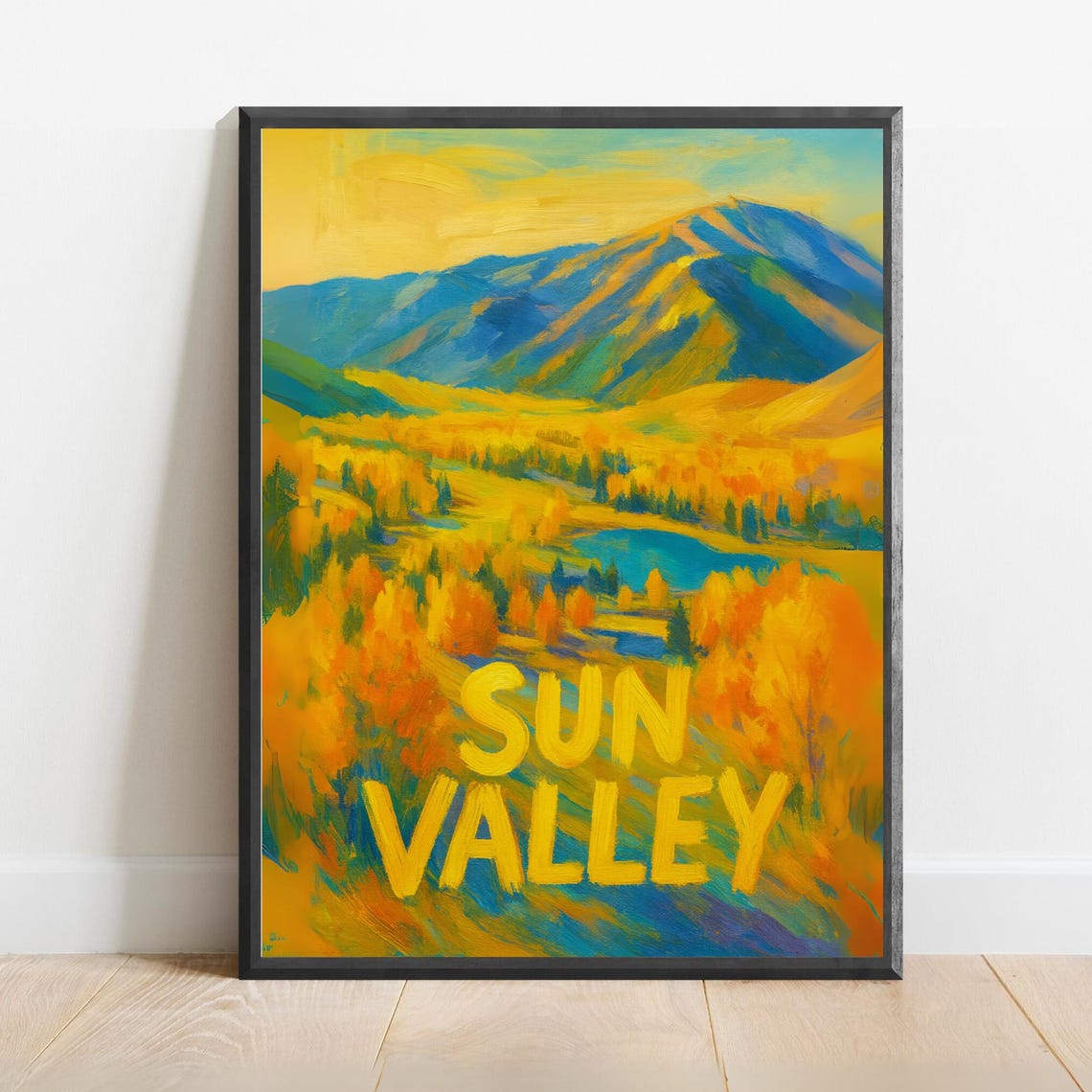 Sun Valley Idaho Golden Autumn Foliage Mountain Lake Travel Poster