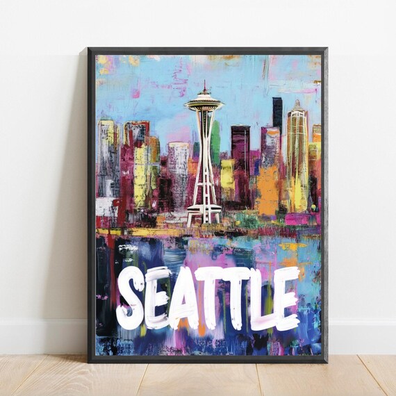 Seattle Space Needle Colorful Skyline Painted City Travel Poster