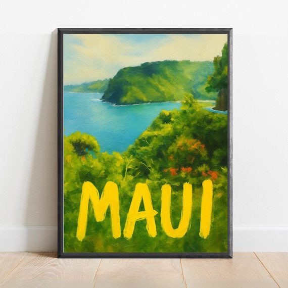 Maui Lush Green Coastline Watercolor Travel Poster Hawaii Jungle Ocean Scenic Art