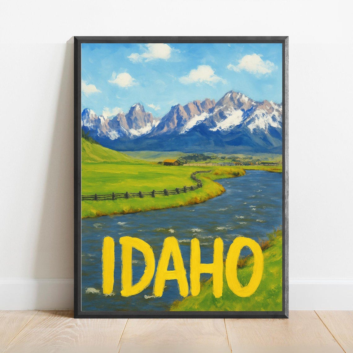 Idaho Snowy Mountain River Valley Impressionist Travel Poster