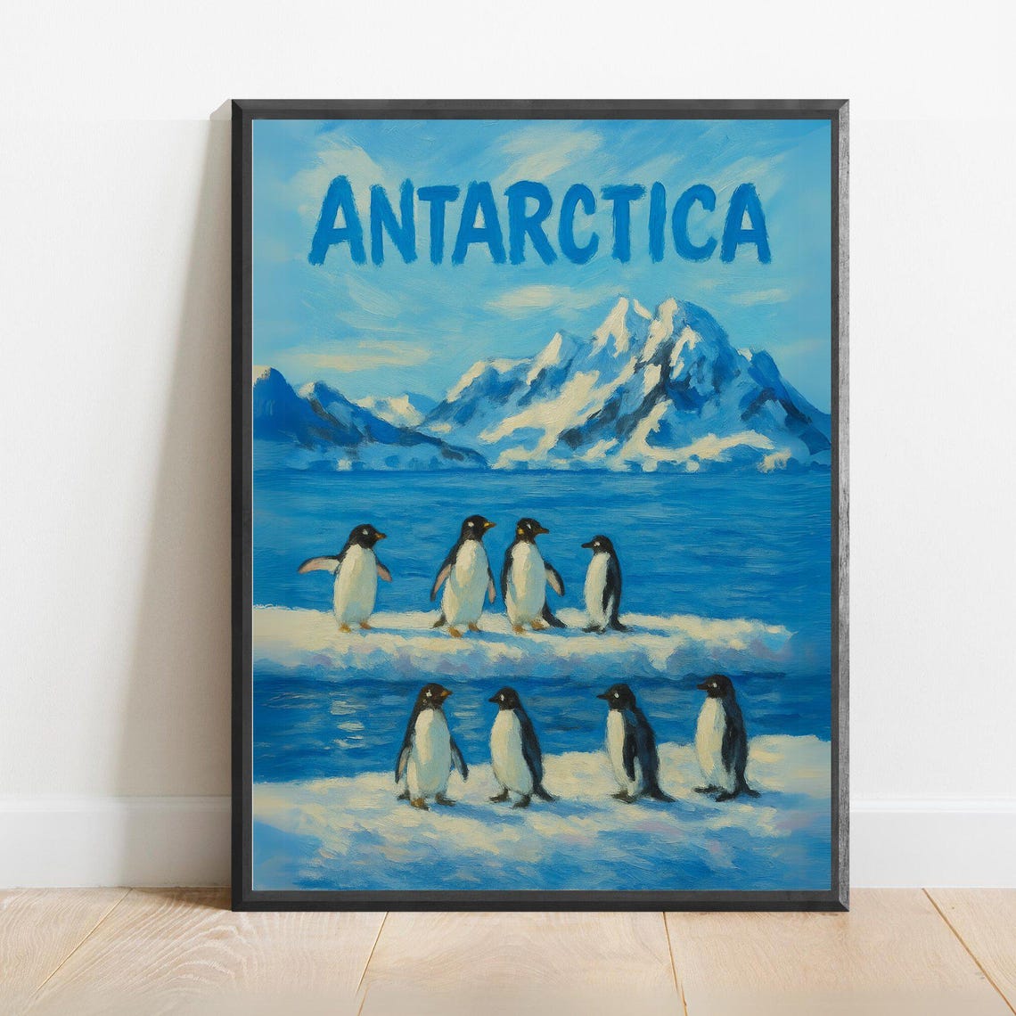 Antarctica Penguins On Ice Blue Polar Wildlife Travel Poster
