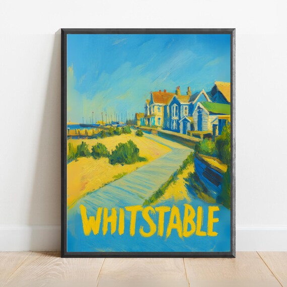Whitstable Poster Coastal England Travel Print Seaside Pathway Illustration Charming Uk Beach Town Wall Art Nautical Cottage Decor
