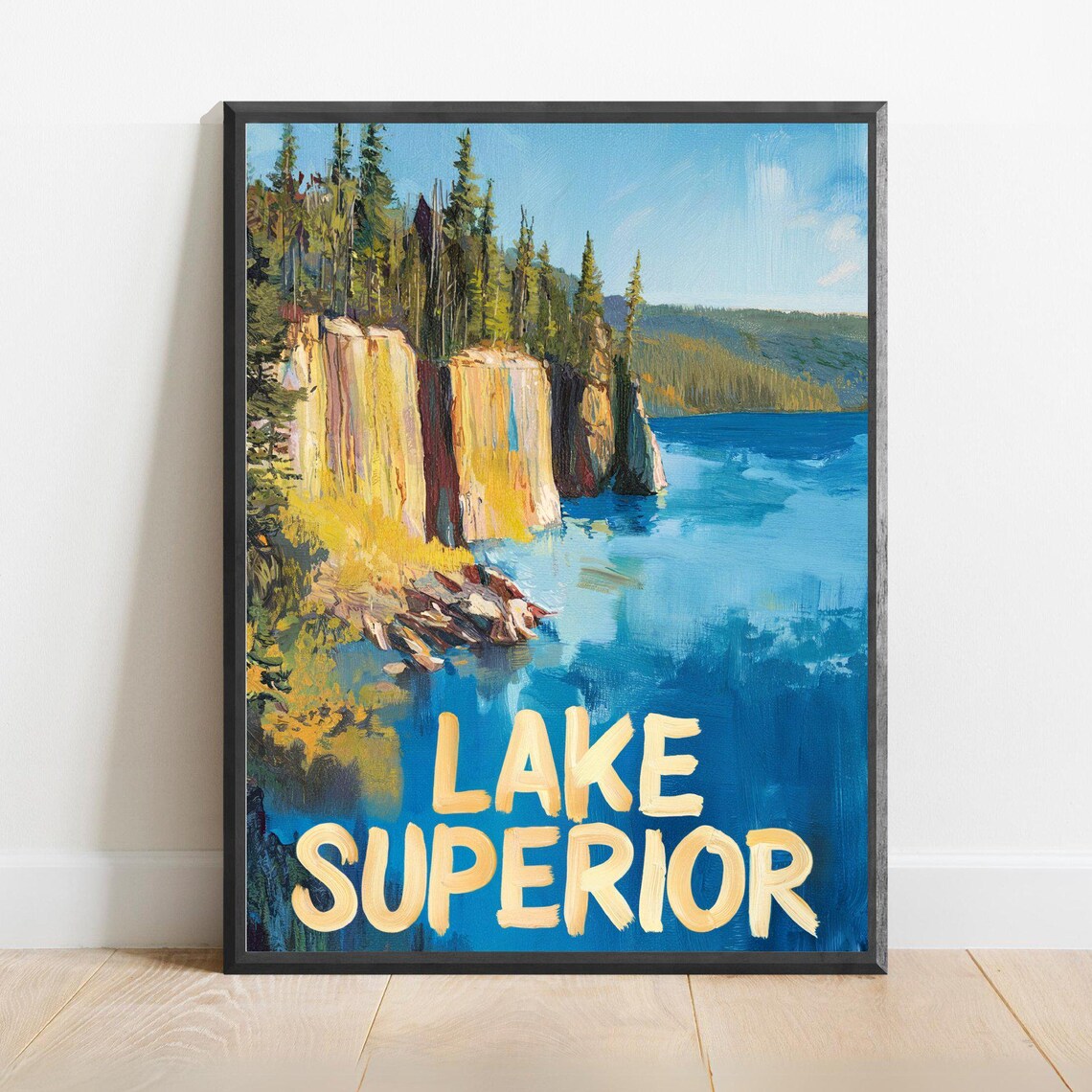 Lake Superior Rocky Cliffs Blue Water Bold Vintage Travel Poster