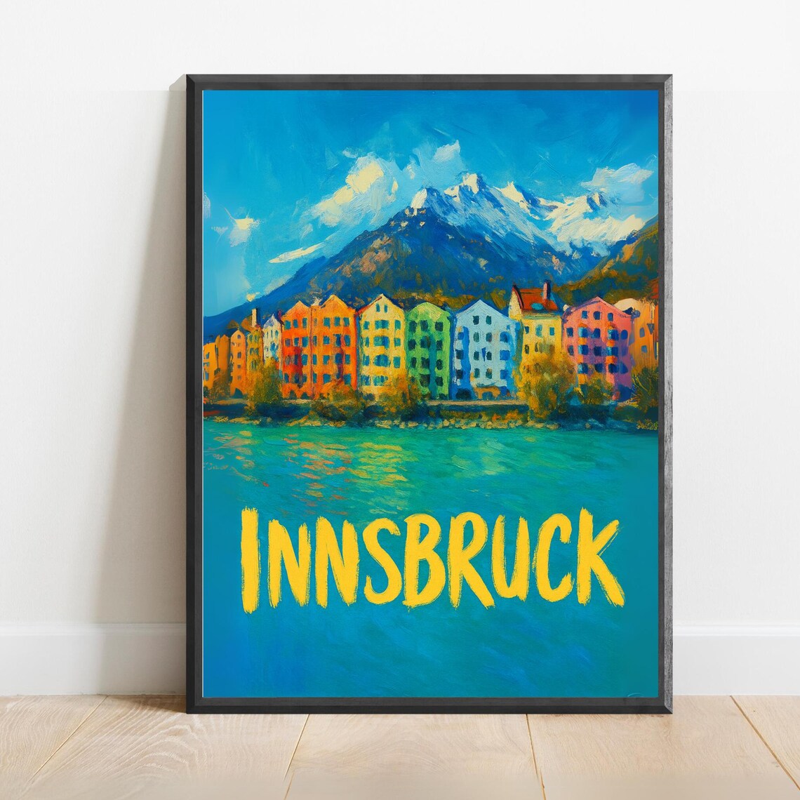 Innsbruck Riverside Colorful Old Town Houses with Alps Travel Poster