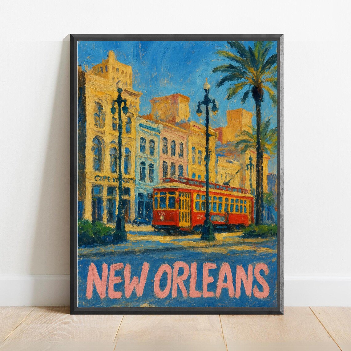 New Orleans Red Streetcar Palm Trees Impressionist Travel Poster