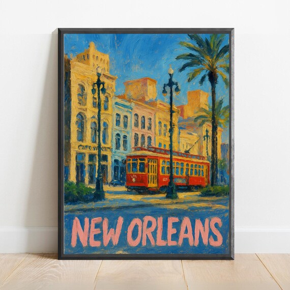 New Orleans Red Streetcar Palm Trees Impressionist Travel Poster