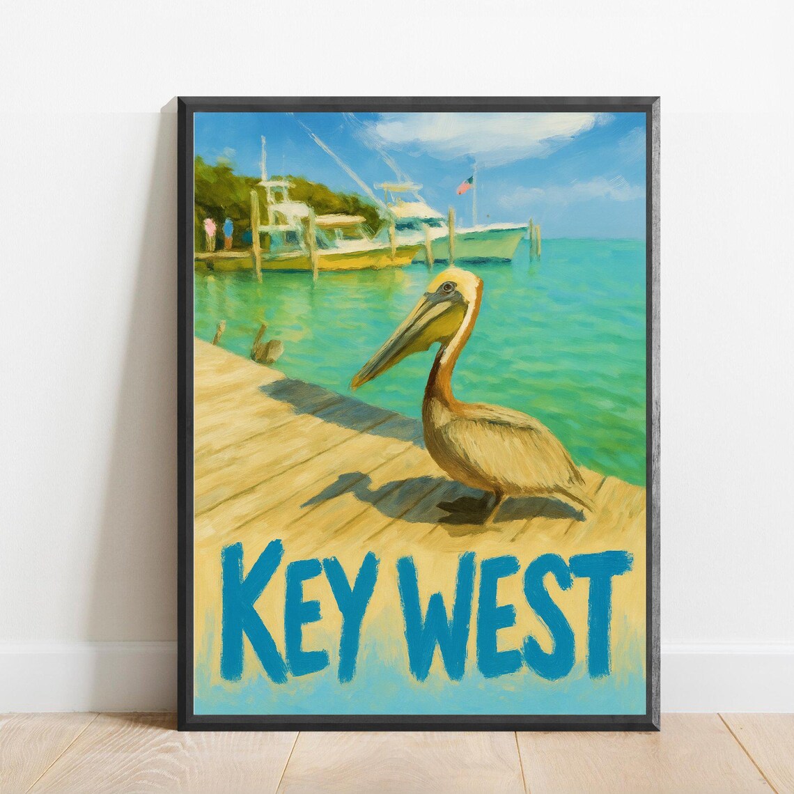 Key West Pelican On Dock Impressionist Coastal Travel Poster