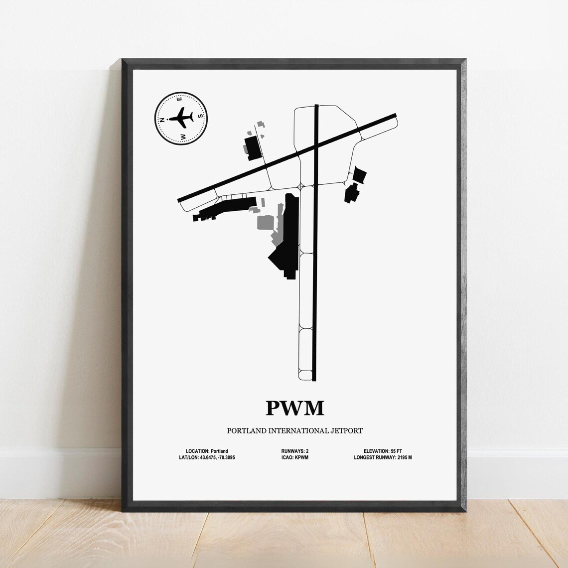Portland International Jetport PWM Runway Map Aviation Poster