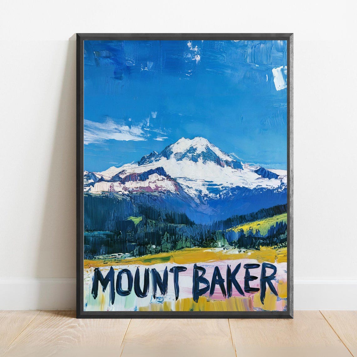 Mount Baker Snow Capped Peak Abstract Blue Mountain Travel Poster