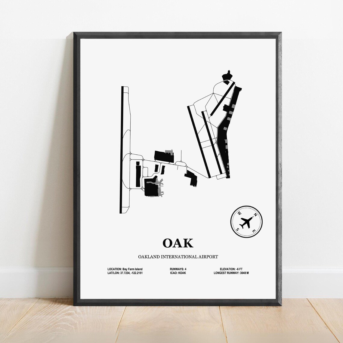 OAK Oakland International Airport Runway Map Aviation Poster