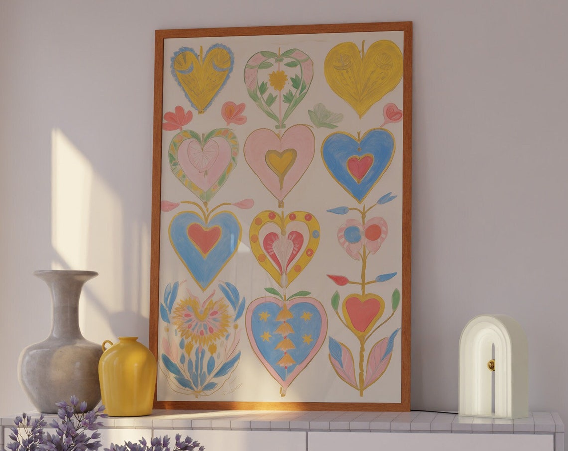 Twelve Patterned Folk Hearts Colorful Scandinavian Art Poster - Image 3