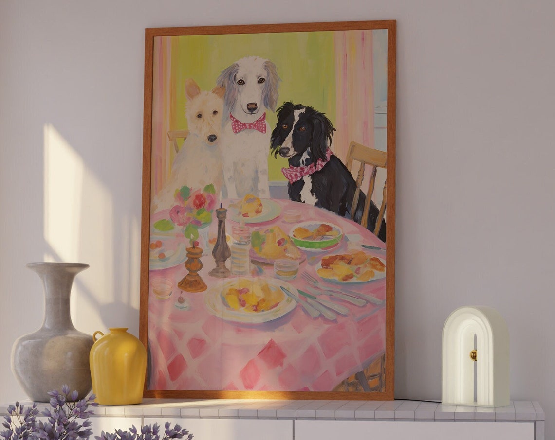 Three Dogs Dining at a Table with Bow Ties Funny Kitchen Art Poster