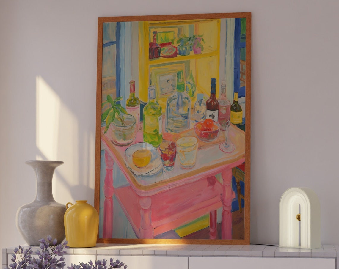 Colorful Bar Cart Still Life with Bottles and Cocktails Poster