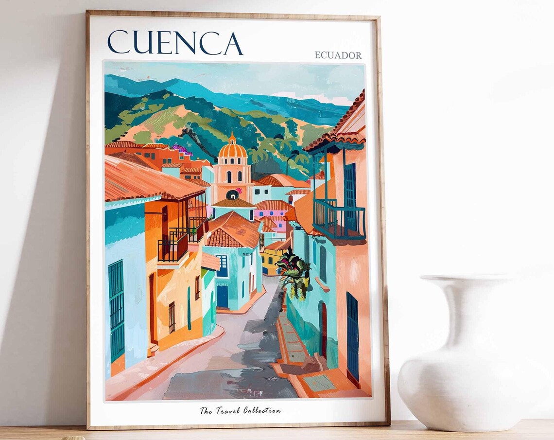Cuenca Ecuador Colonial Street Cathedral Dome Mountain View Poster