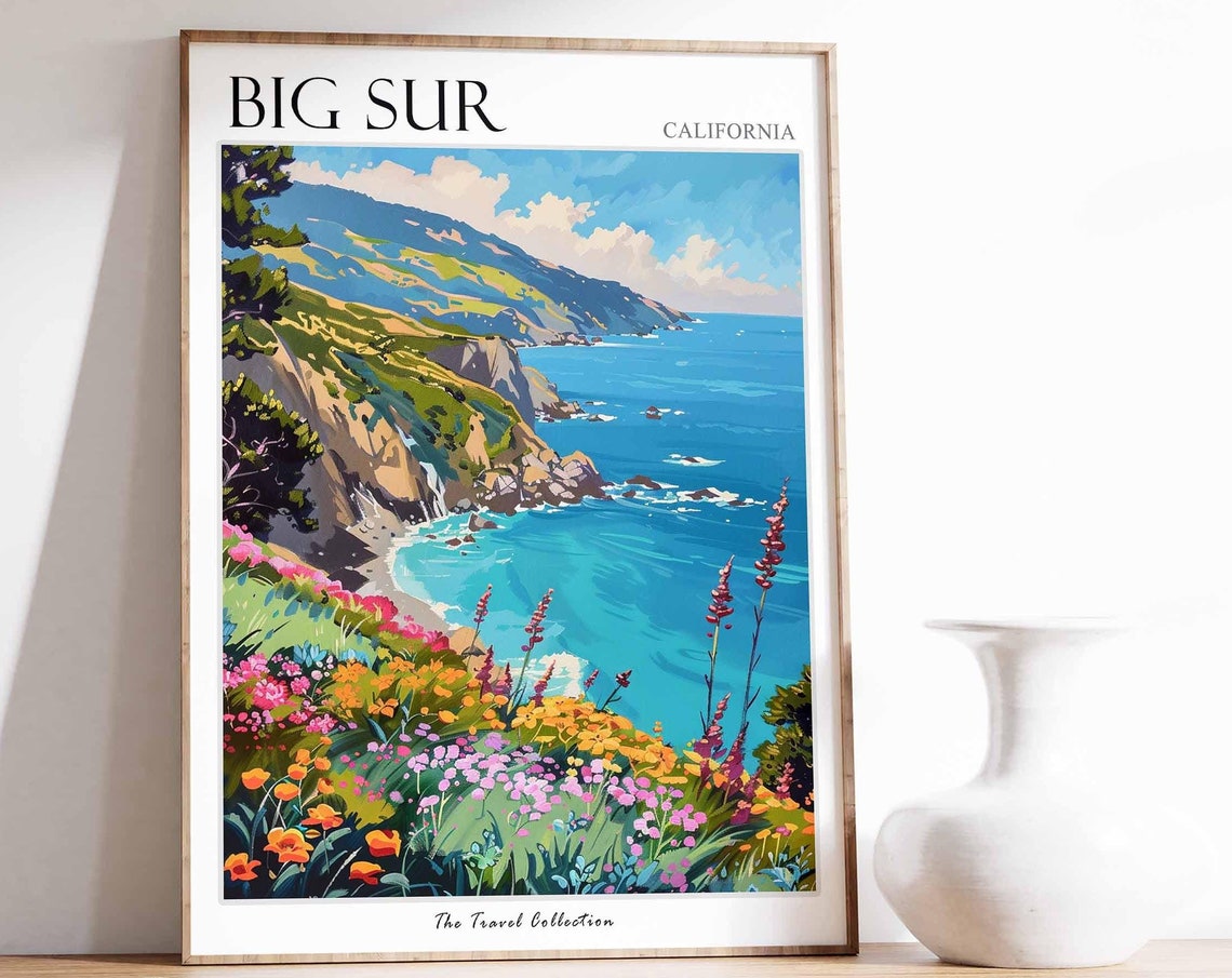 Big Sur California Coast Cliffs Wildflowers Ocean View Travel Poster