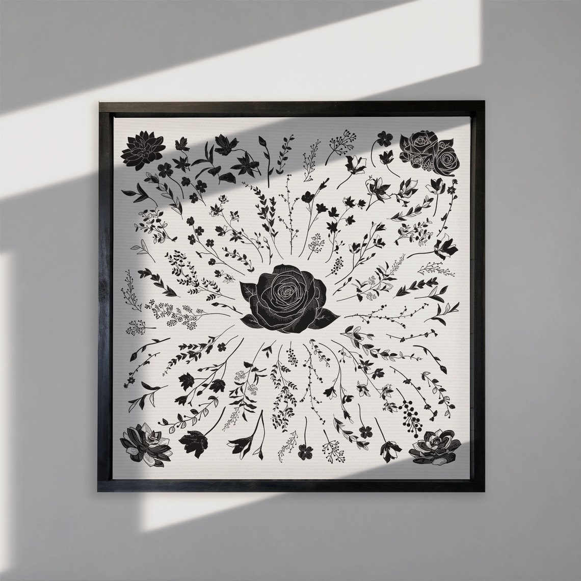 Black And White Botanical Floral Rose Square Farmhouse Wall Art