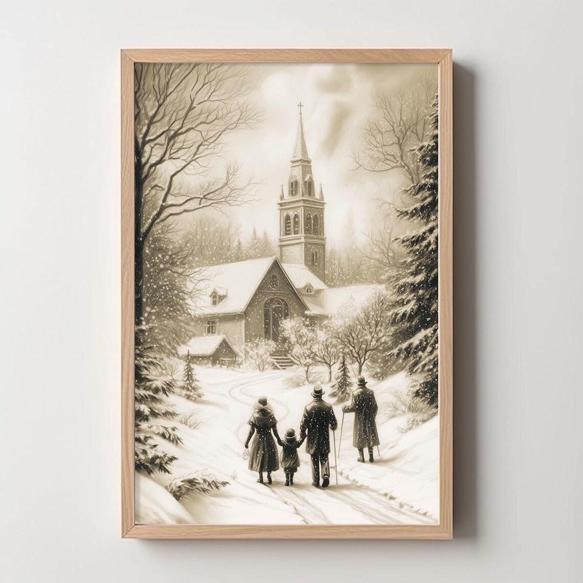 Family Walking To Church In Snow Vintage Sepia Christmas Scene Poster