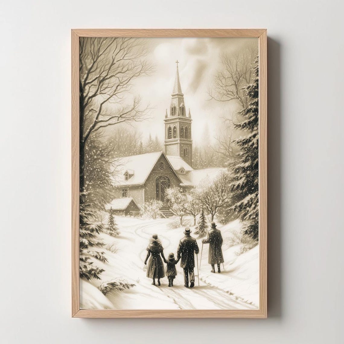 Vintage Christmas Wall Art Family Walk To The Church Christmas Decor Wall Art Winter Holiday Paintings Downloads Print