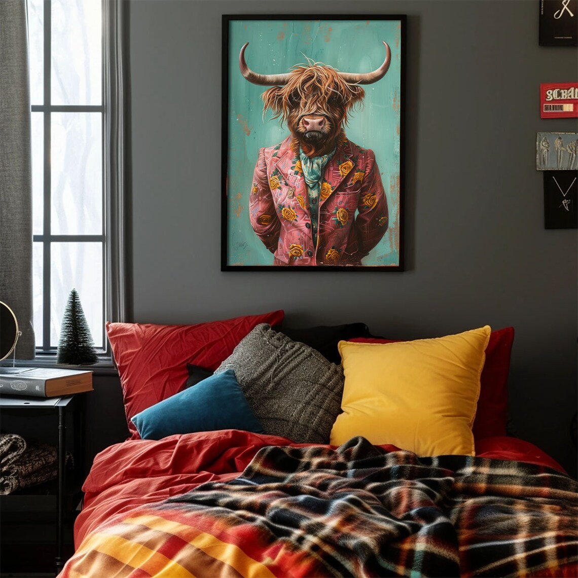 Highland Cow In Floral Pink Blazer Teal Portrait Animal Poster - Image 3