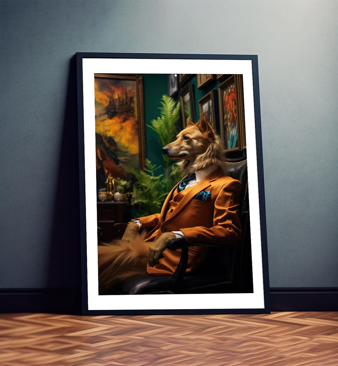 Elegant Dog In Orange Suit Gallery Portrait Gentleman Poster