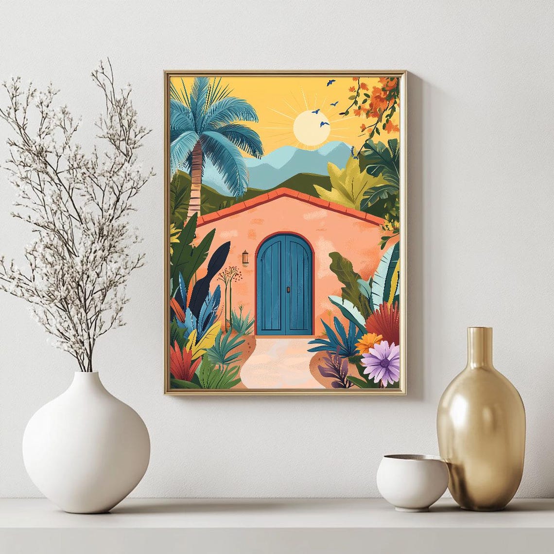 Tropical Villa With Blue Door Palm Trees Sunny Courtyard Scene Poster - Image 2