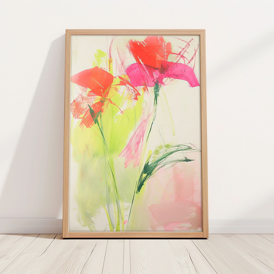 Bold Red Abstract Flowers Lime Green Watercolor Modern Art Poster