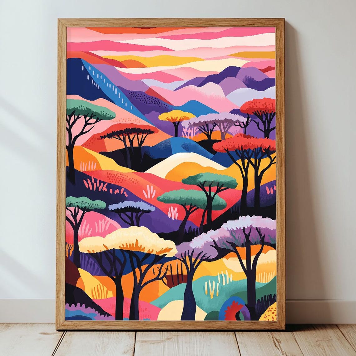 Vibrant Abstract Mountain Hills Trees Colorful Landscape Wall Art