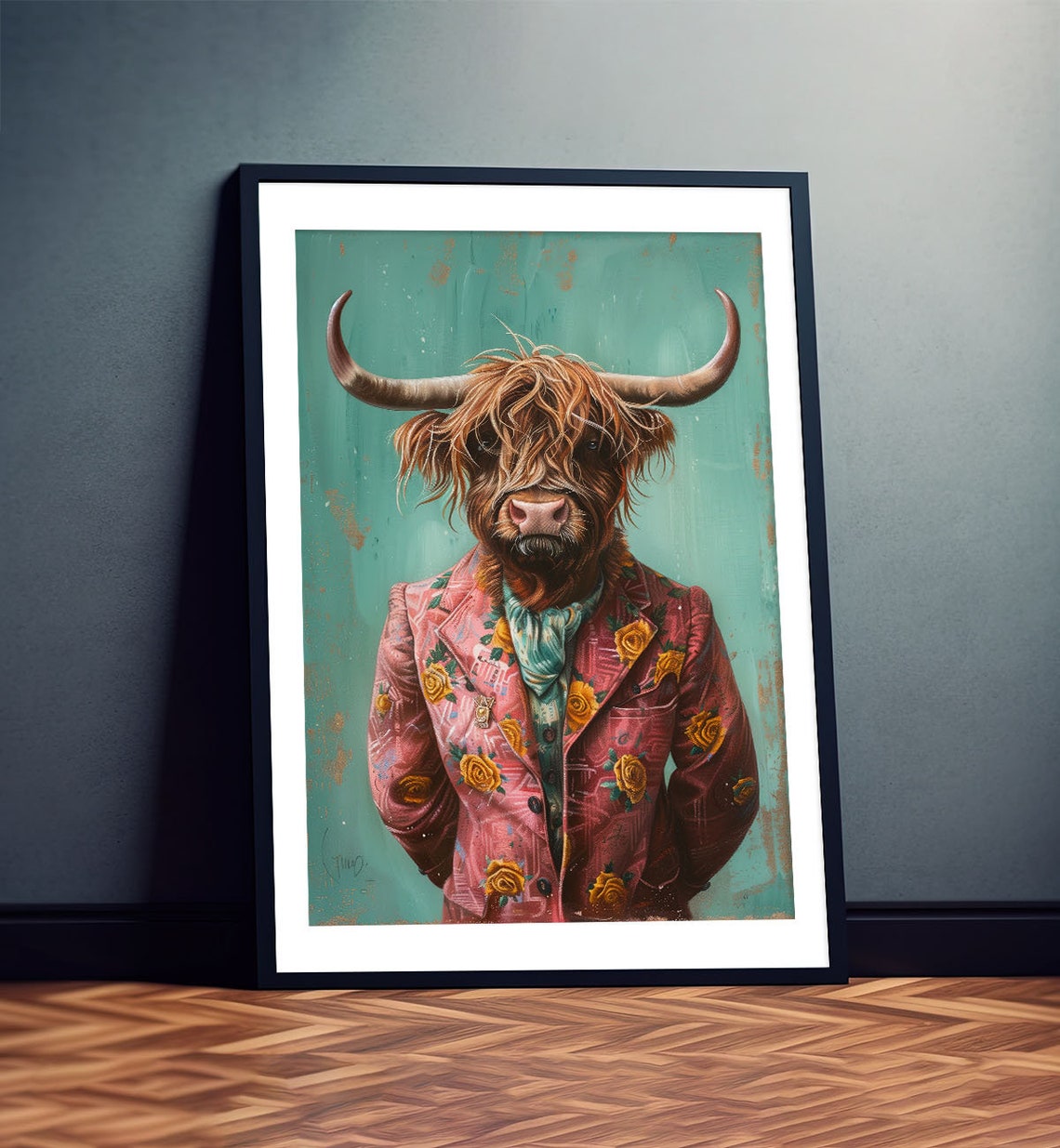 Highland Cow In Floral Pink Blazer Teal Portrait Animal Poster