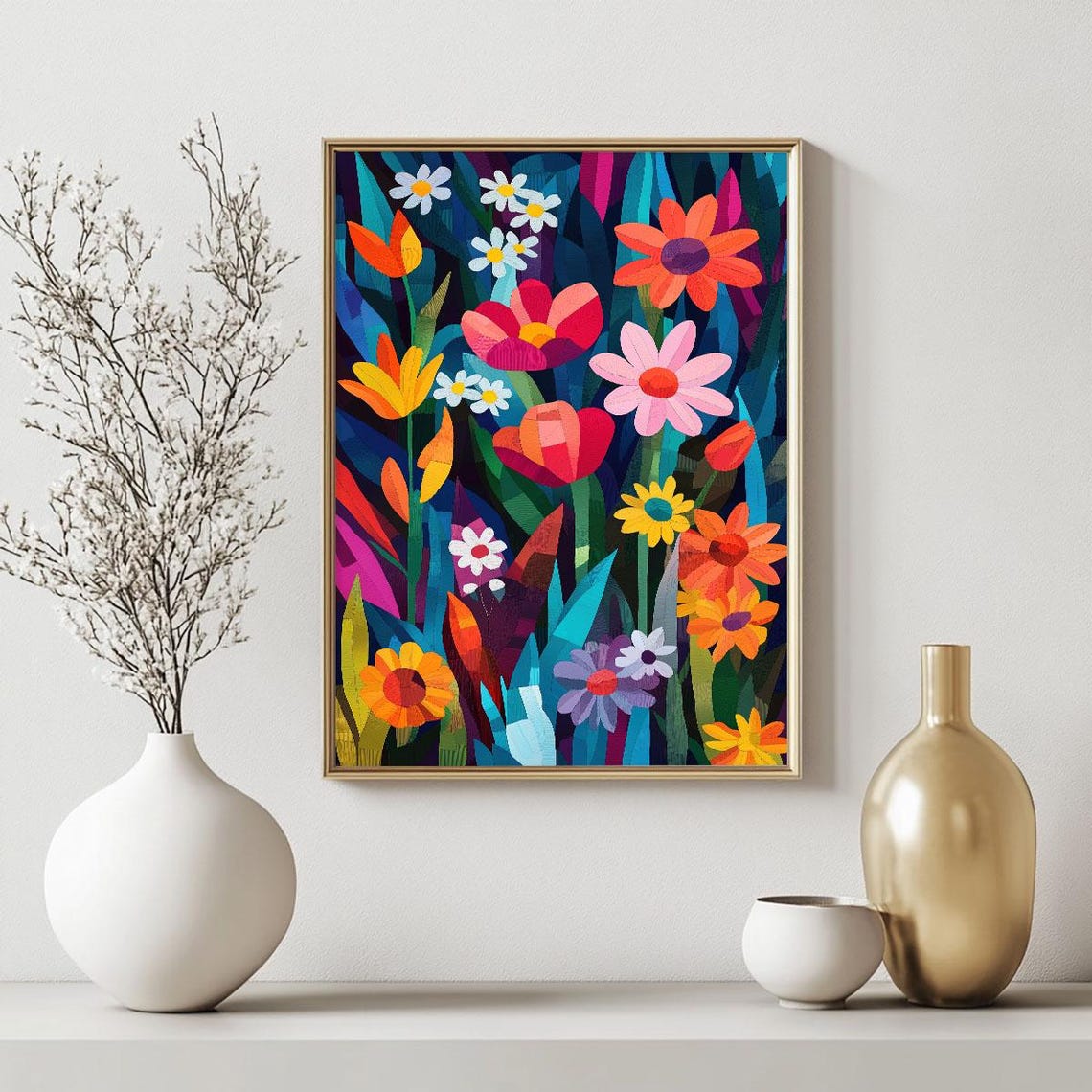 Vibrant Floral Garden Bright Flowers Dark Background Wall Art - Image 2