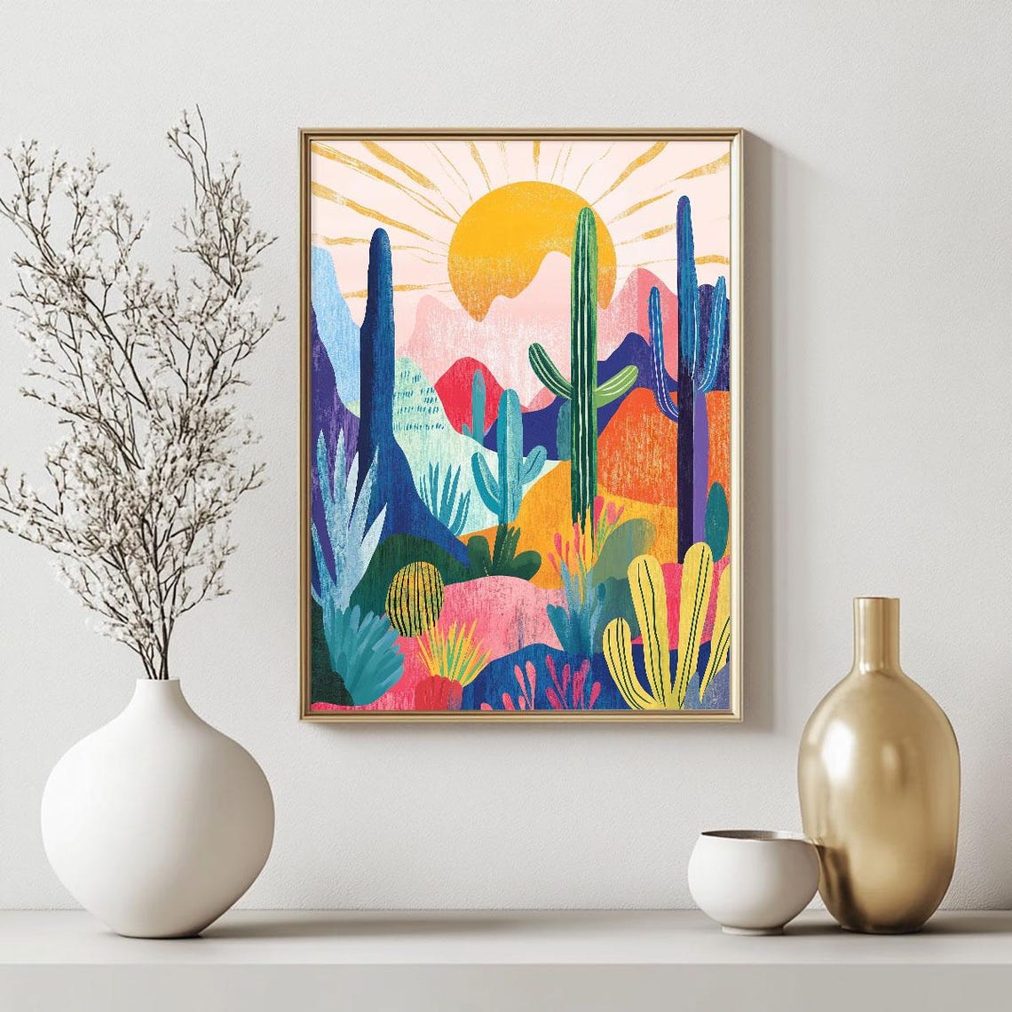 Colorful Desert Sunset With Saguaro Cactus Modern Southwest Art Poster - Image 2