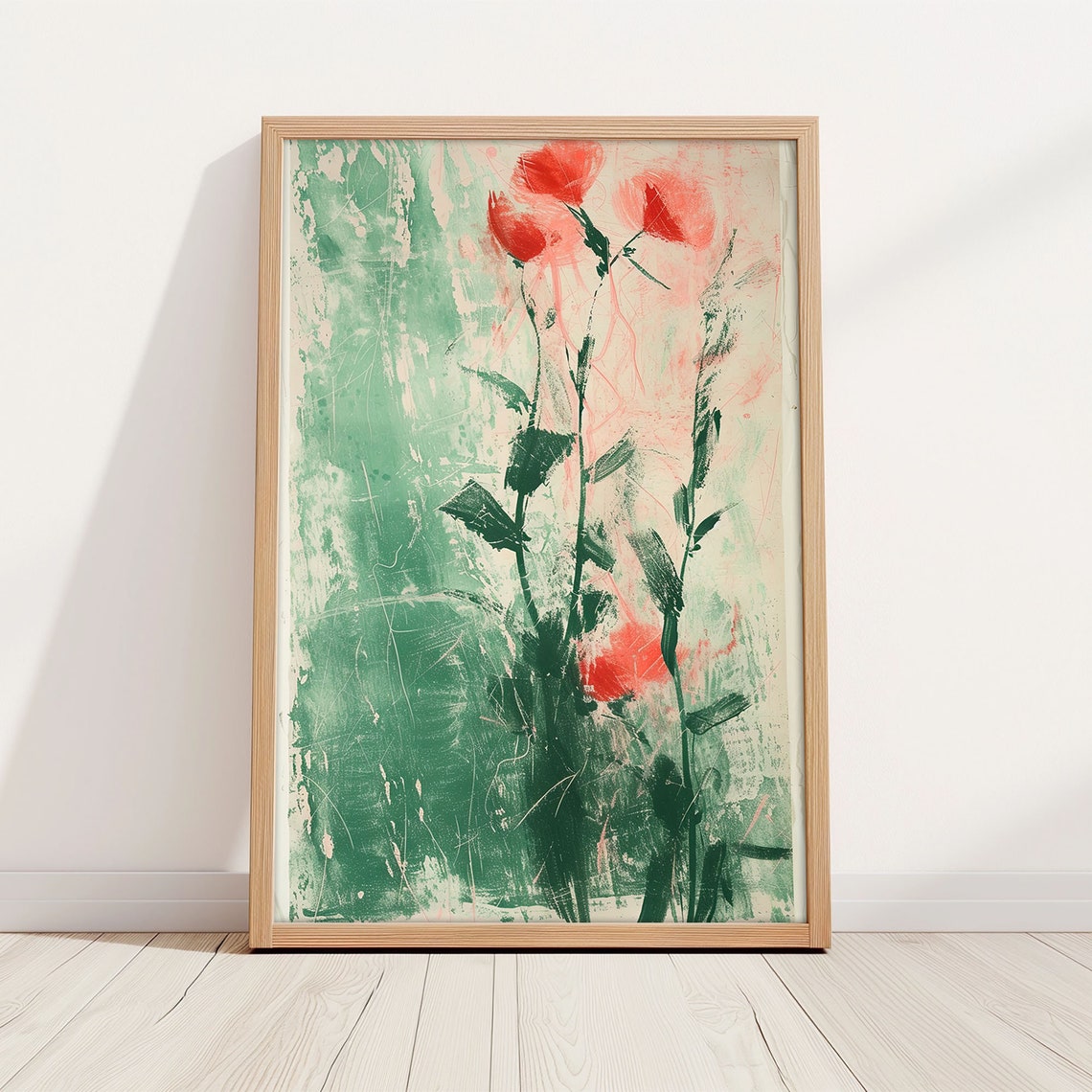 Red Poppies Emerald Green Abstract Brushstroke Floral Poster