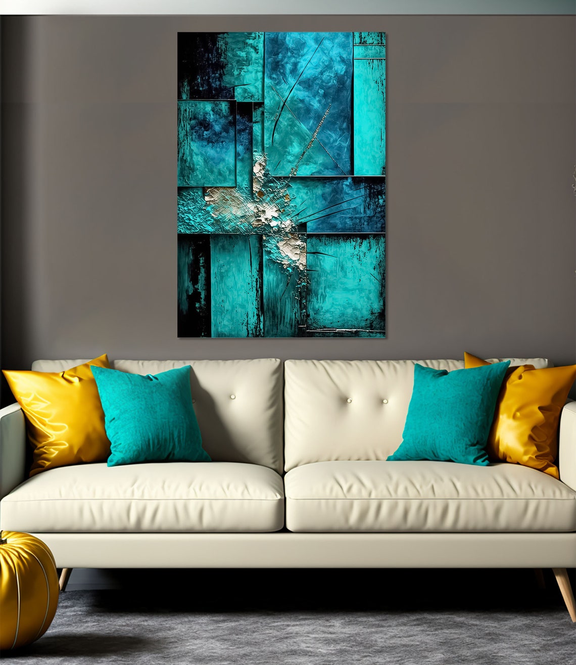 Turquoise Blue Geometric Abstract Panel Modern Canvas Wall Art - Image 2