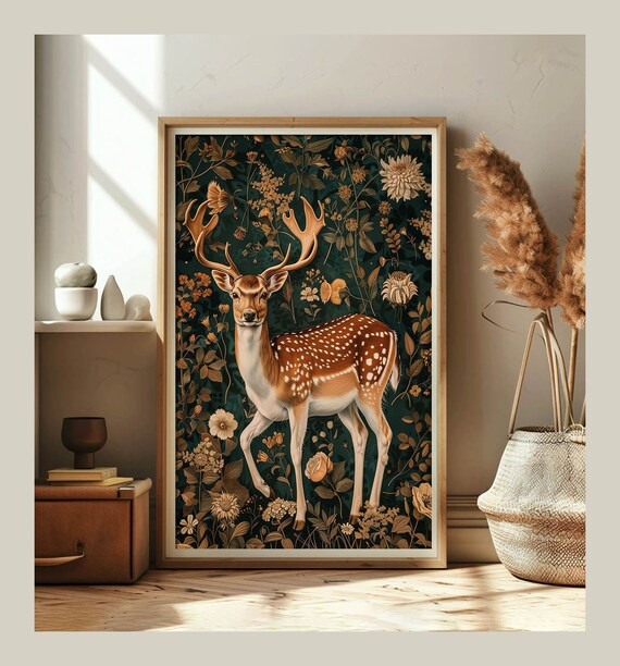 Golden Spotted Deer Stag In Enchanted Floral Forest Elegant Art Poster
