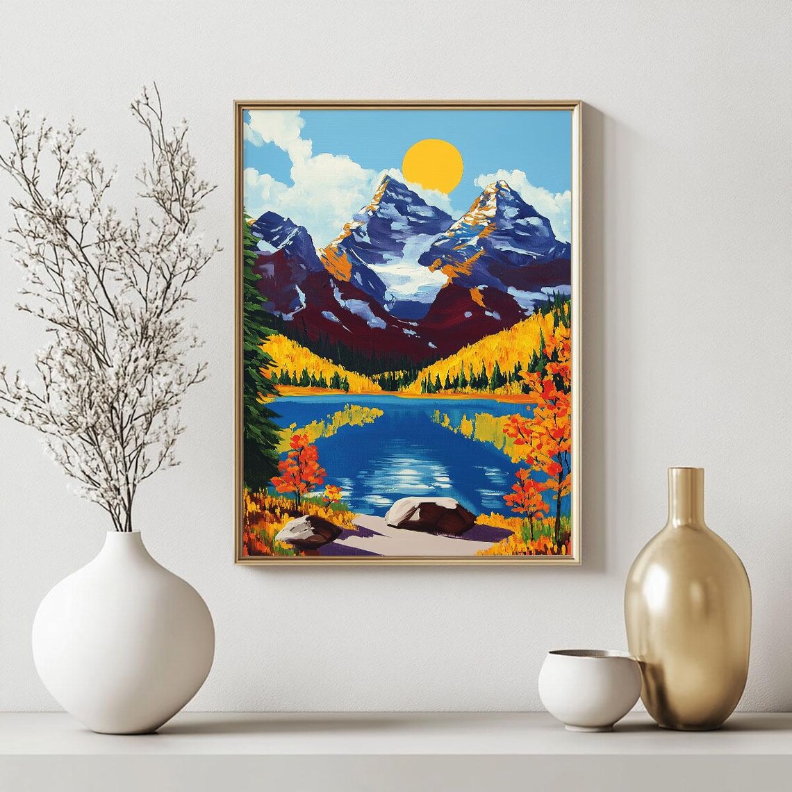 Sunny Mountain Lake Snow Peaks Alpine Scenic Landscape Wall Art - Image 2
