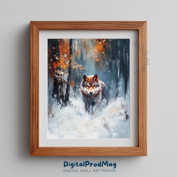 Lone Wolf Winter Forest Print Rustic Snowy Scene