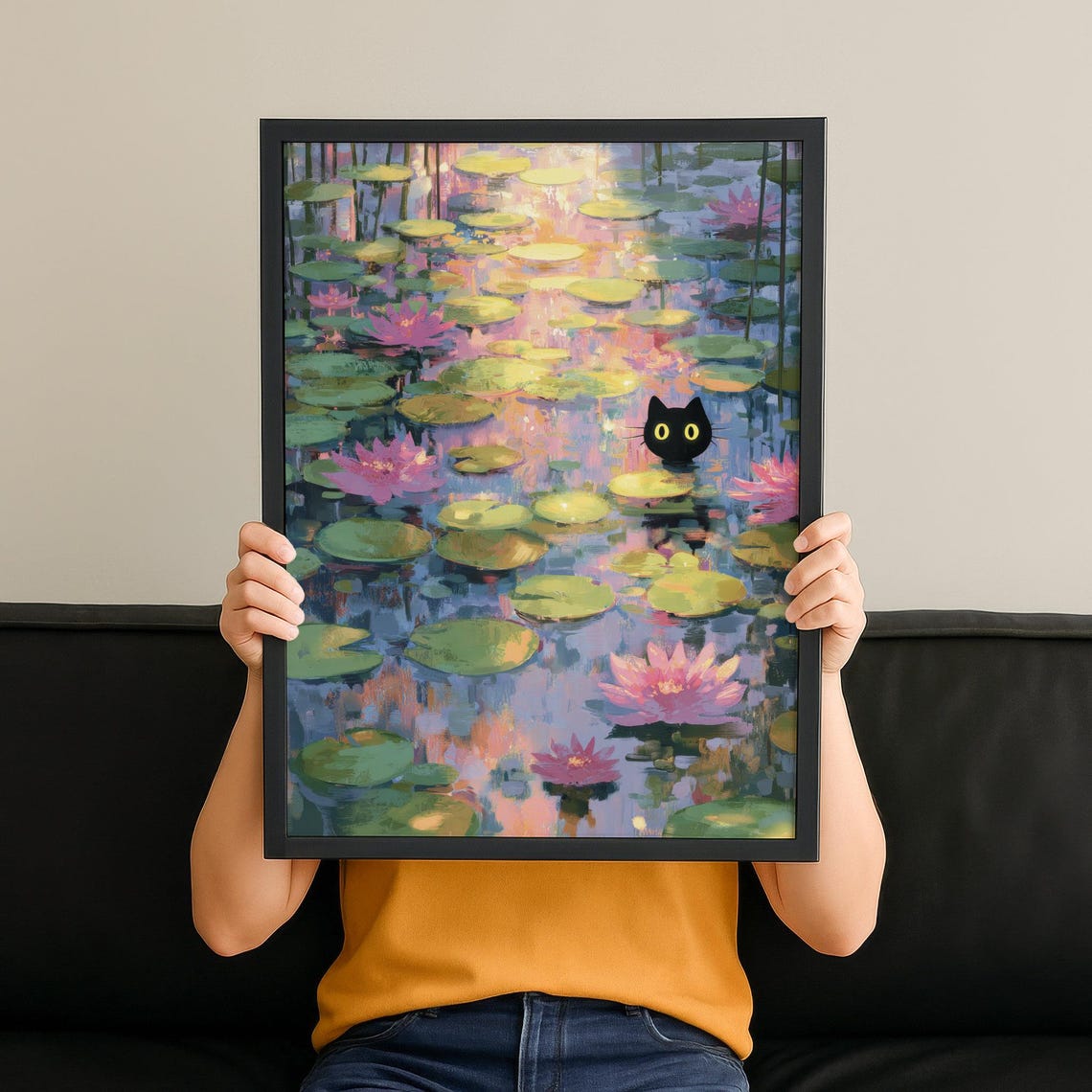 Whimsical Black Cat Water Lily Pond Dreamy Impressionist Art Print