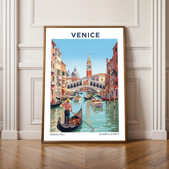 Venice Italy Travel Poster Vintage Gondola Canal Art Print