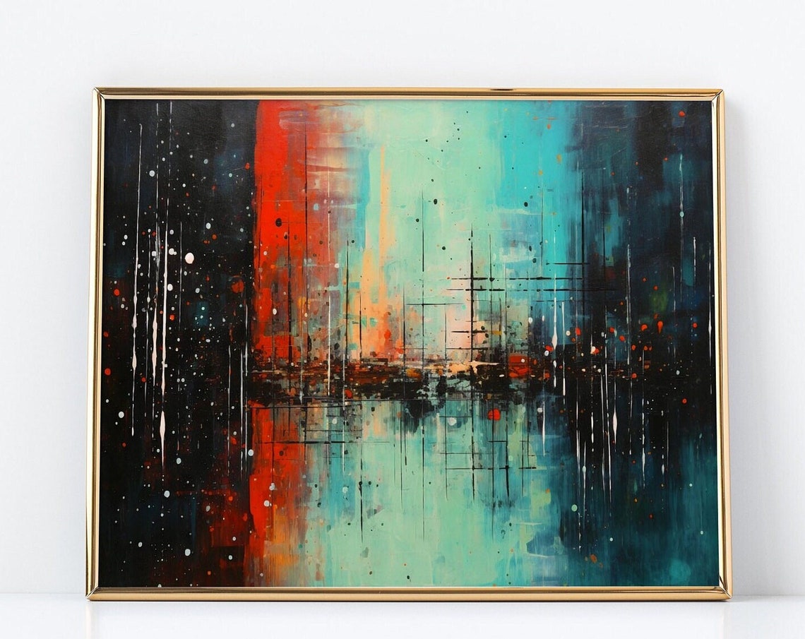 Abstract Night City Painting Teal and Red Dripping Lights Poster