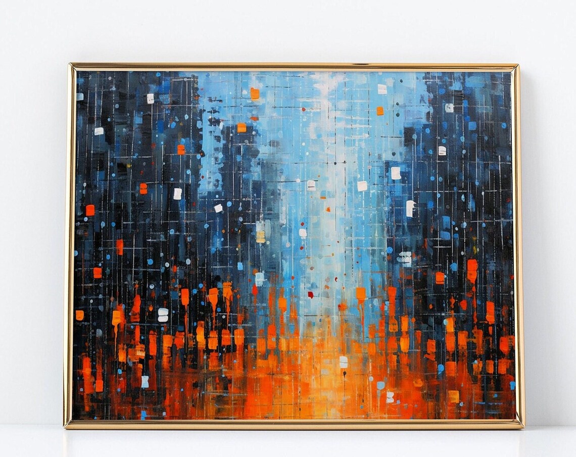 Abstract Night City Lights Painting Blue and Orange Squares Poster