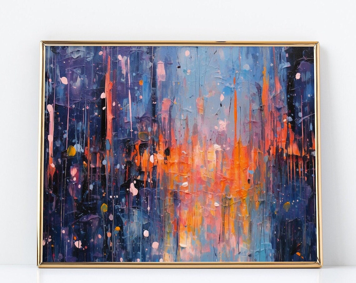 Abstract Palette Knife Painting Indigo Blue Coral Orange Dots Poster