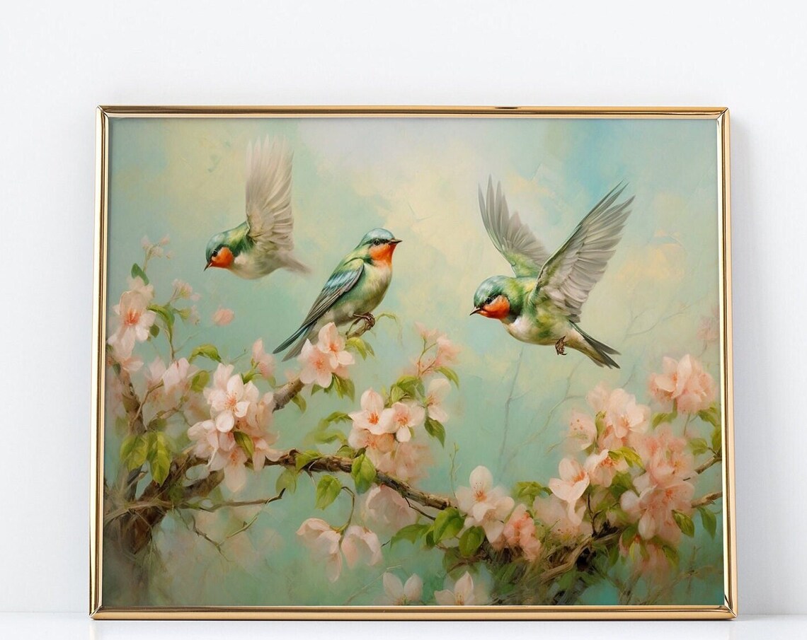 Swallows on Blossoming Branch Painting Pastel Spring Birds Poster