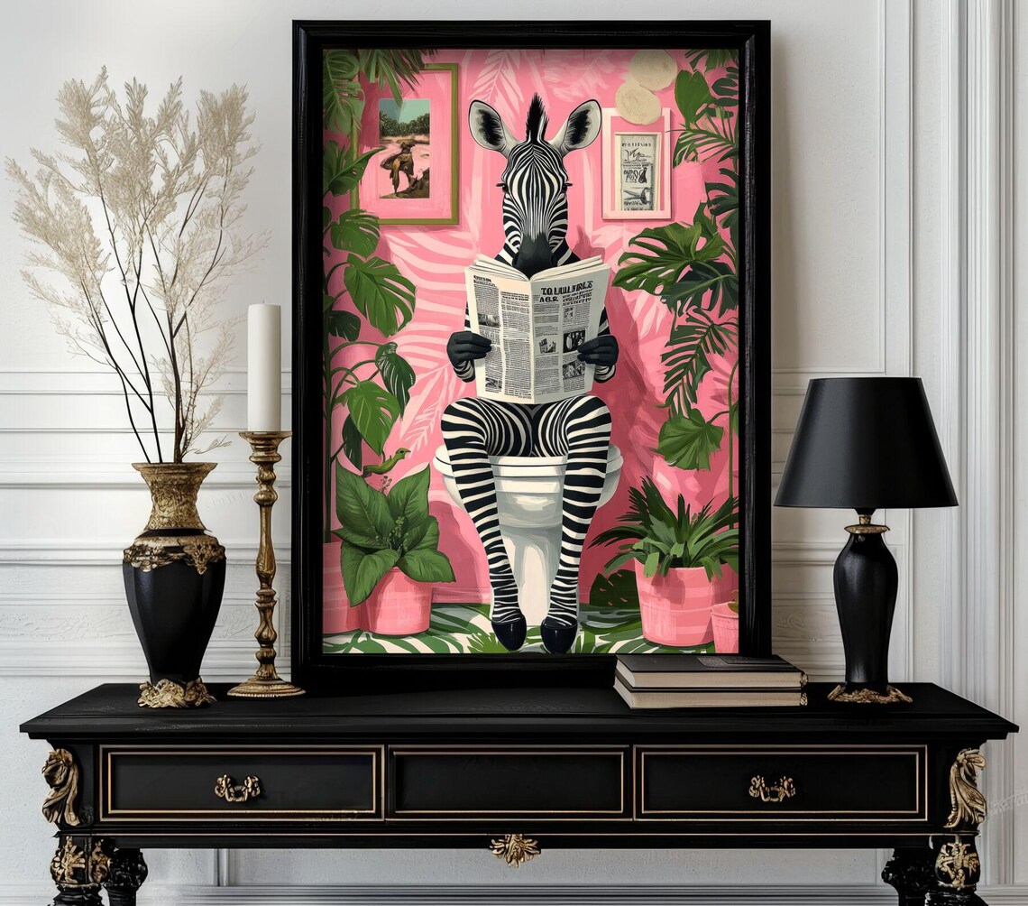 Zebra Reading Newspaper On Toilet Pink Jungle Bathroom Funny Poster
