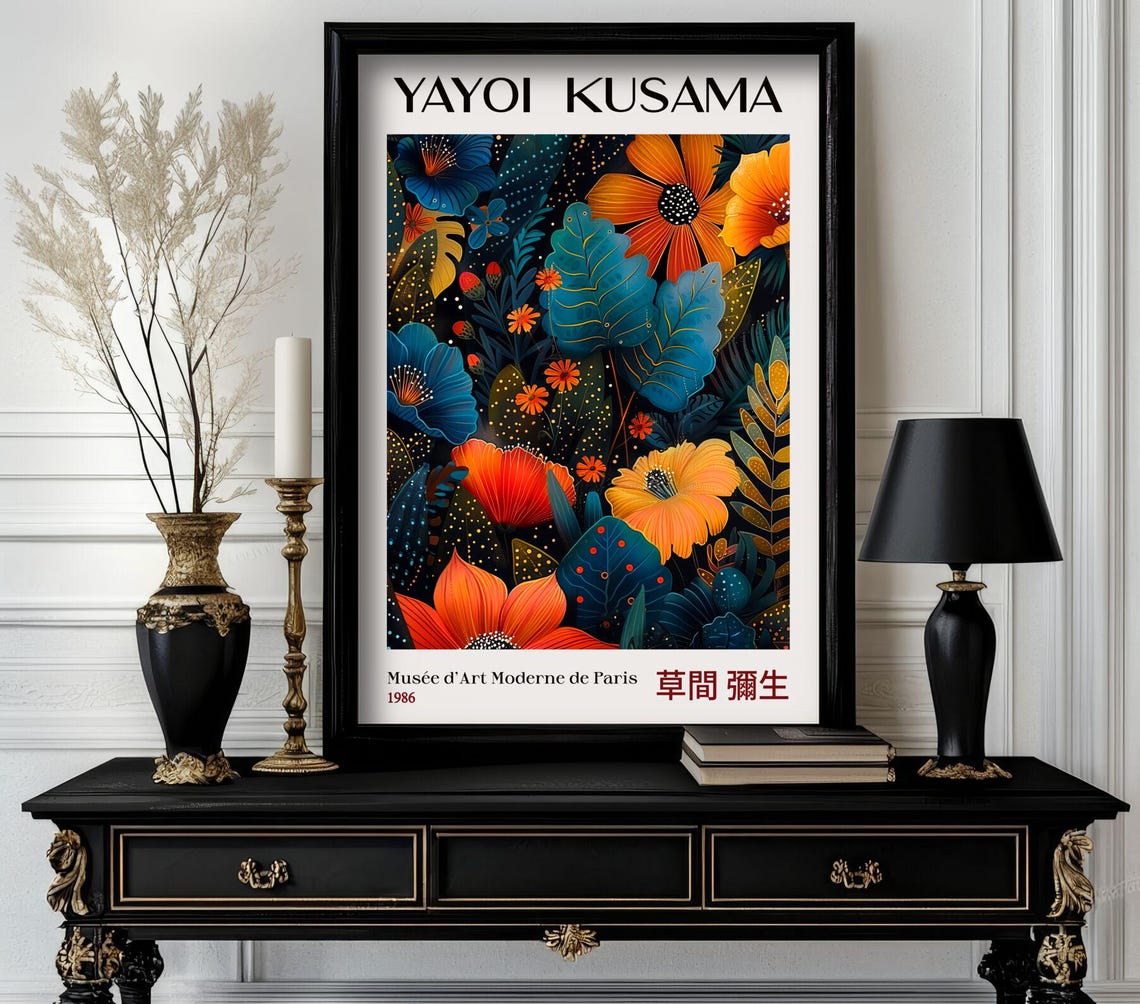 Yayoi Kusama Inspired Vibrant Floral Botanical Exhibition Style Poster