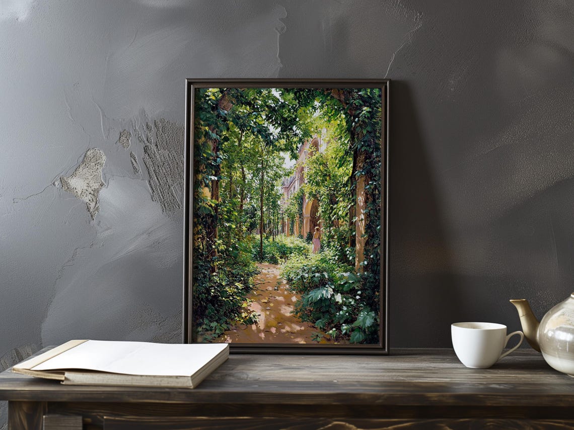 Ivy Covered Garden Archway Path in Dappled Sunlight Art Poster