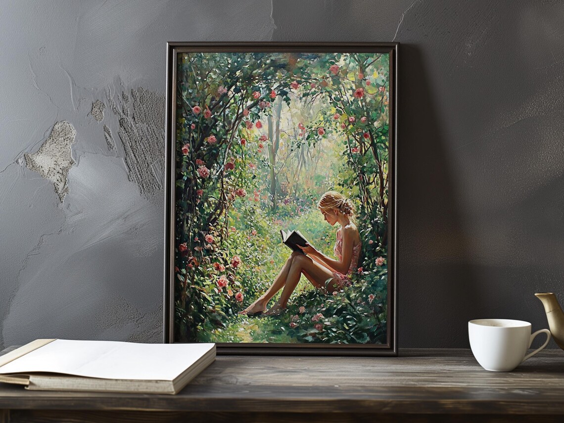Woman Reading Peacefully Under A Blooming Pink Rose Arch Poster