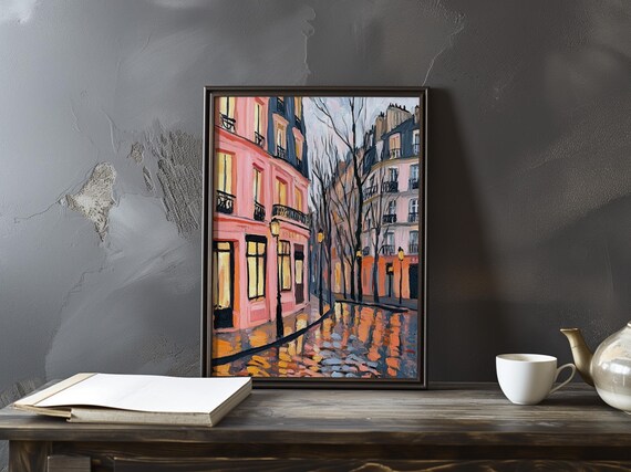 Pink Parisian Street at Dusk With Glowing Wet Pavement Art Poster