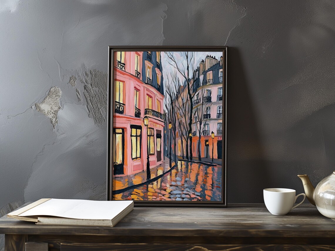 Pink Parisian Street at Dusk With Glowing Wet Pavement Art Poster